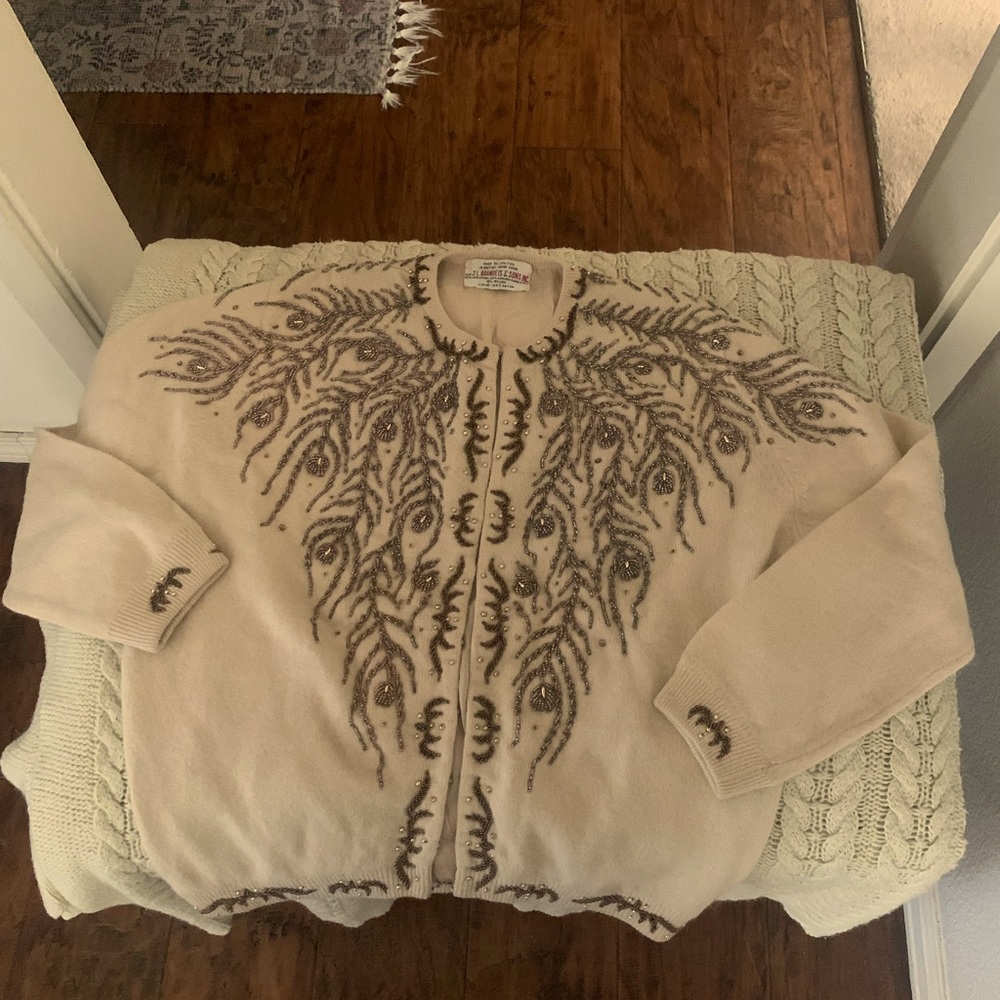 Vintage beaded cardigan circa 1960, hand beaded in Hong Kong. Lined.